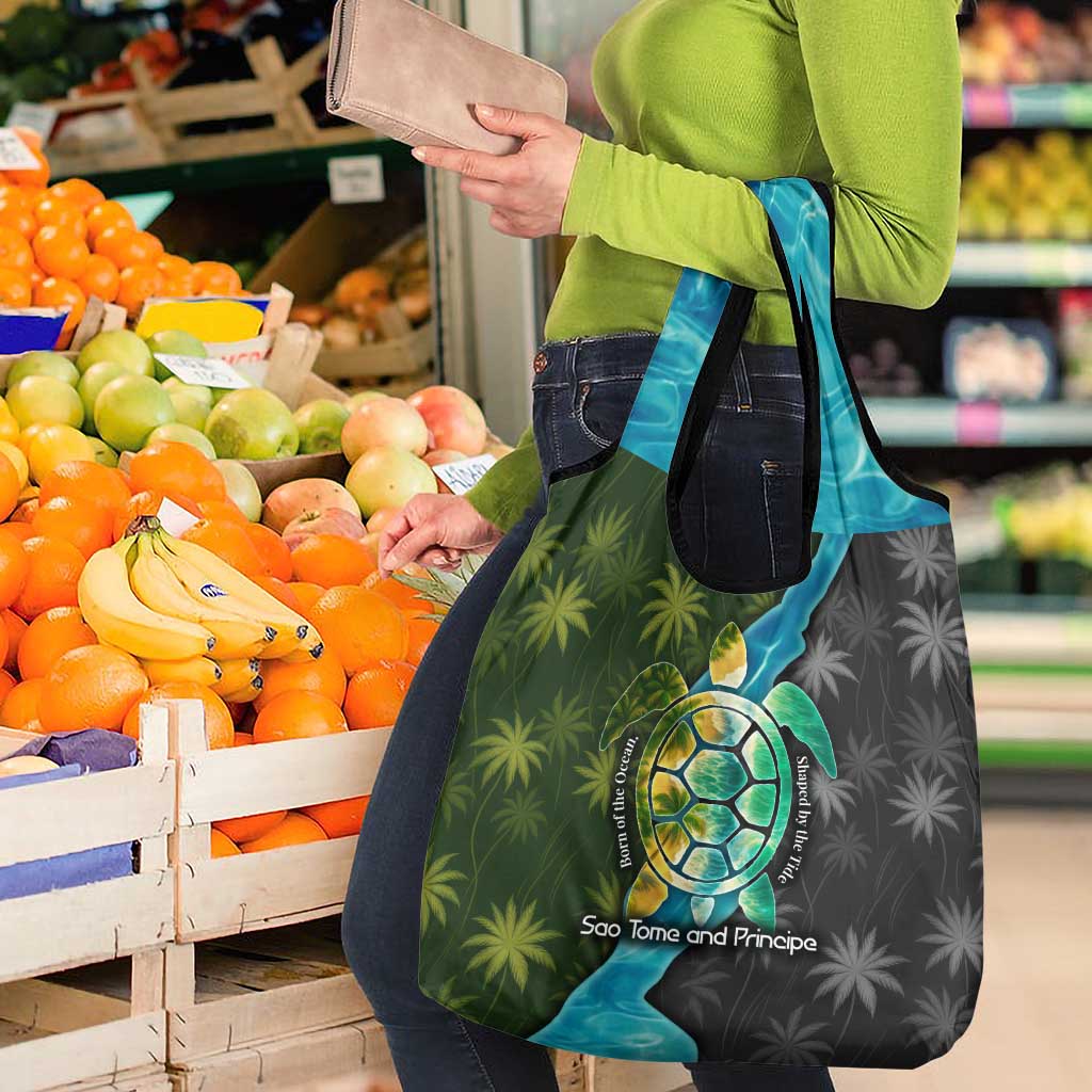 Sea Turtle Sao Tome and Principe Grocery Bag with Ocean Tide and Tropical Palm Design