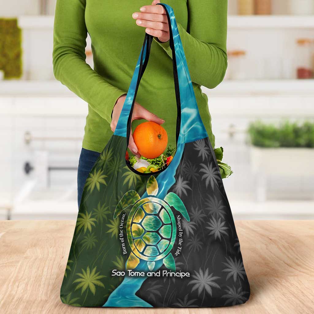 Sea Turtle Sao Tome and Principe Grocery Bag with Ocean Tide and Tropical Palm Design