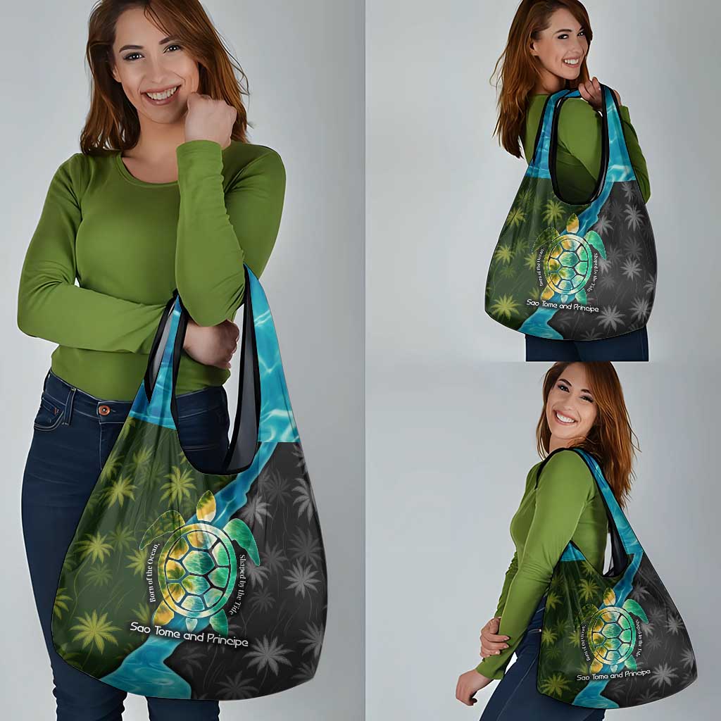 Sea Turtle Sao Tome and Principe Grocery Bag with Ocean Tide and Tropical Palm Design