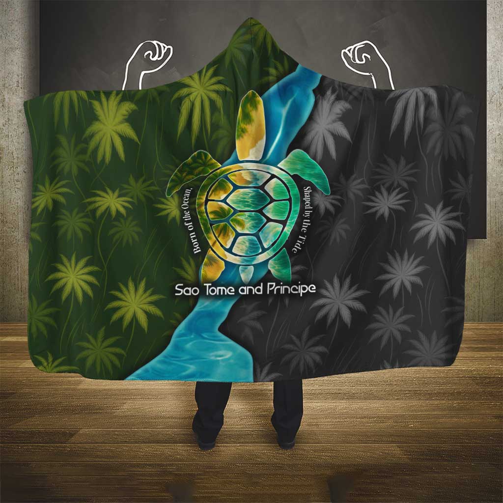 Sea Turtle Sao Tome and Principe Hooded Blanket with Ocean Tide and Tropical Palm Design
