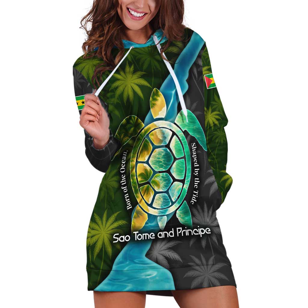 Sea Turtle Sao Tome and Principe Hoodie Dress with Ocean Tide and Tropical Palm Design