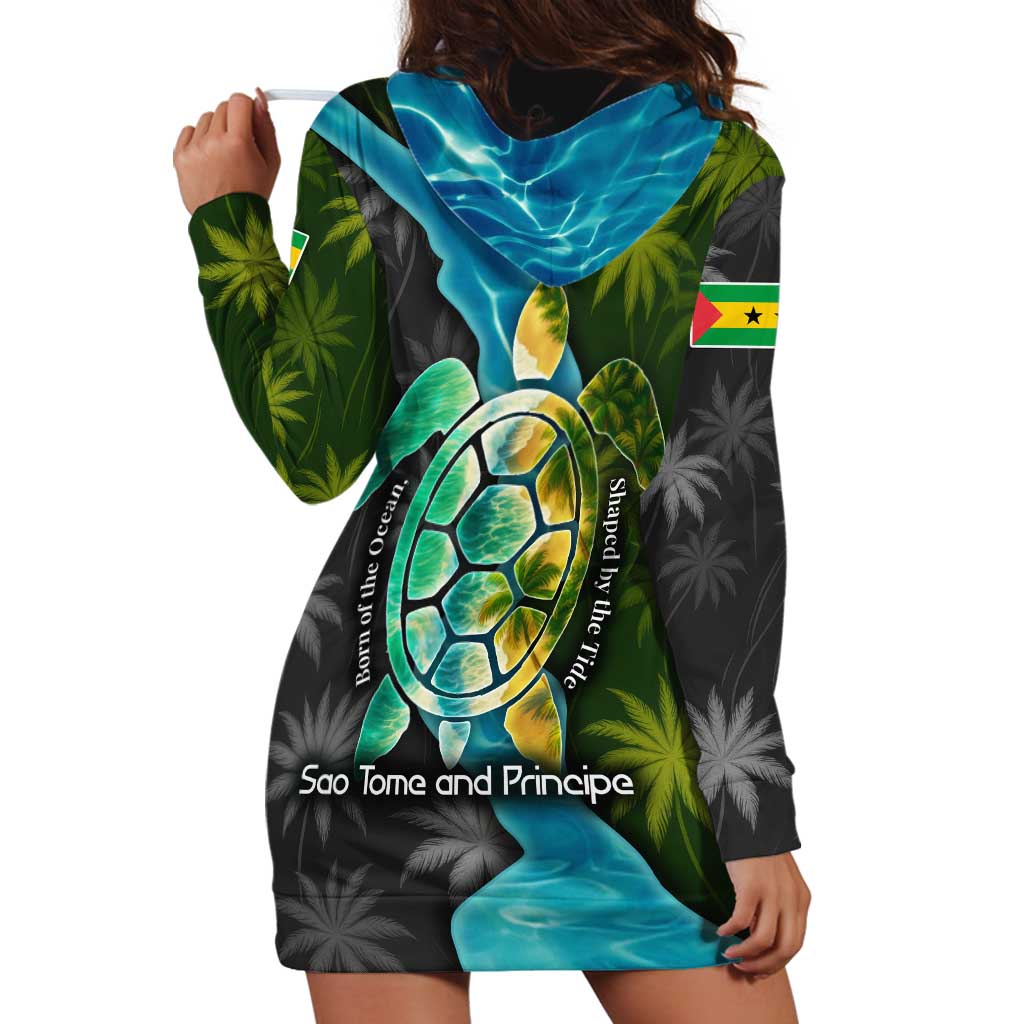 Sea Turtle Sao Tome and Principe Hoodie Dress with Ocean Tide and Tropical Palm Design