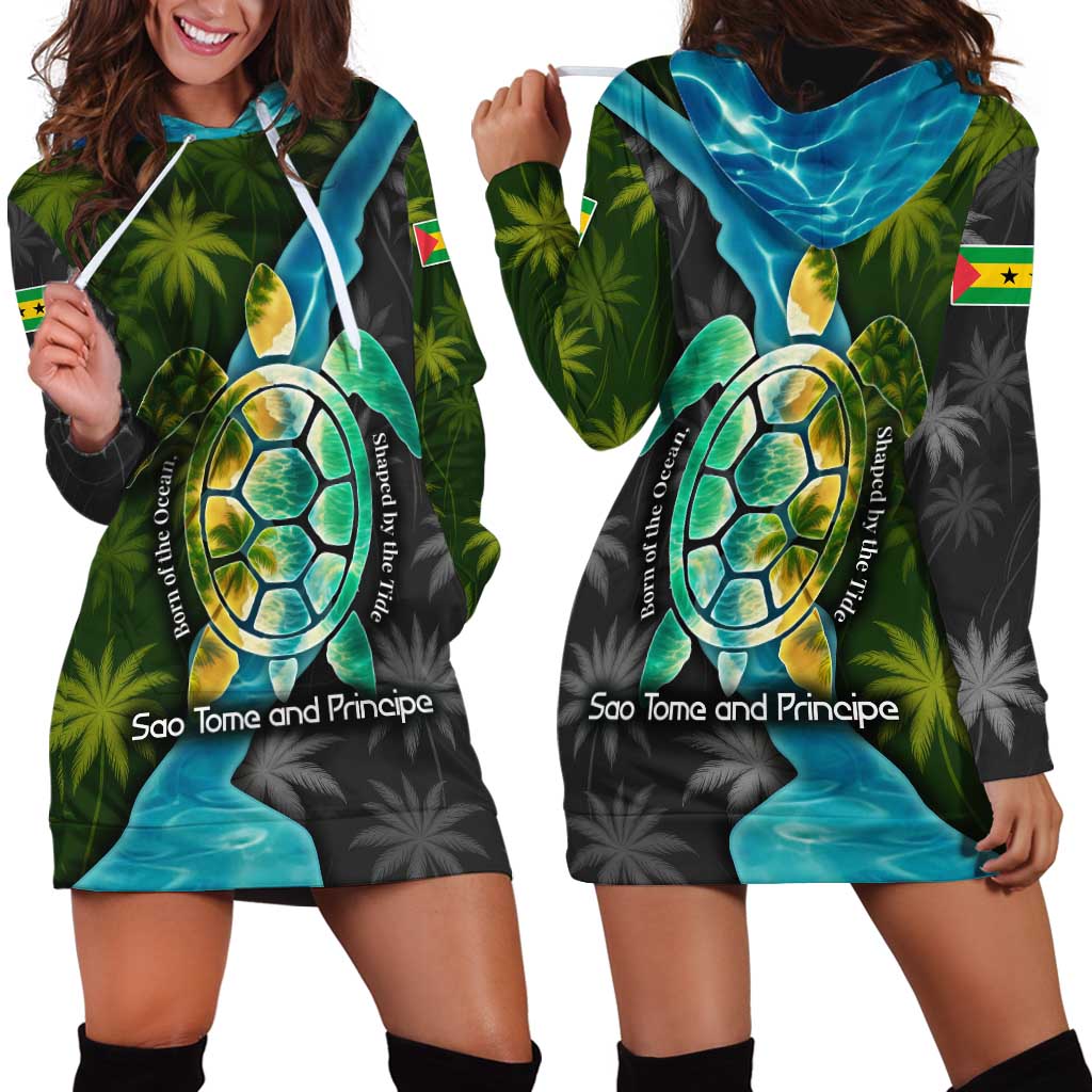 Sea Turtle Sao Tome and Principe Hoodie Dress with Ocean Tide and Tropical Palm Design