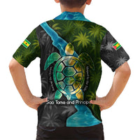 Sea Turtle Sao Tome and Principe Kid Hawaiian Shirt with Ocean Tide and Tropical Palm Design