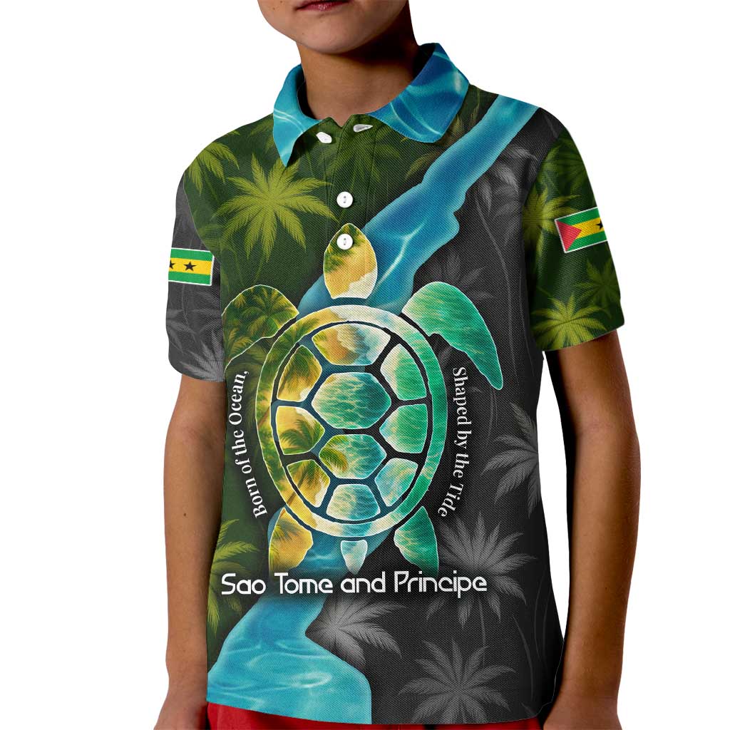 Sea Turtle Sao Tome and Principe Kid Polo Shirt with Ocean Tide and Tropical Palm Design