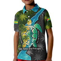 Sea Turtle Sao Tome and Principe Kid Polo Shirt with Ocean Tide and Tropical Palm Design