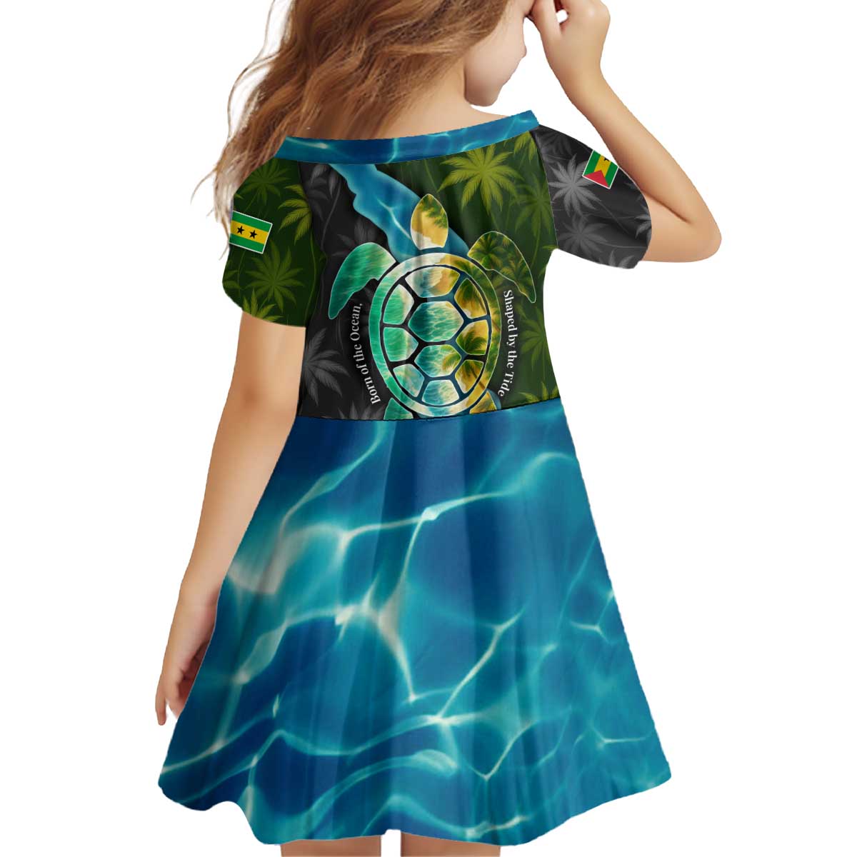 Sea Turtle Sao Tome and Principe Kid Short Sleeve Dress with Ocean Tide and Tropical Palm Design