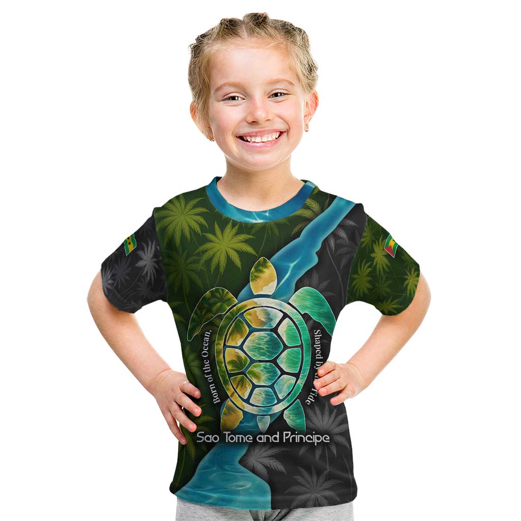 Sea Turtle Sao Tome and Principe Kid T Shirt with Ocean Tide and Tropical Palm Design