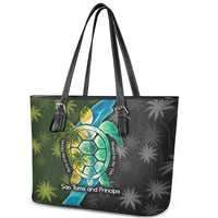 Sea Turtle Sao Tome and Principe Leather Tote Bag with Ocean Tide and Tropical Palm Design