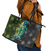 Sea Turtle Sao Tome and Principe Leather Tote Bag with Ocean Tide and Tropical Palm Design