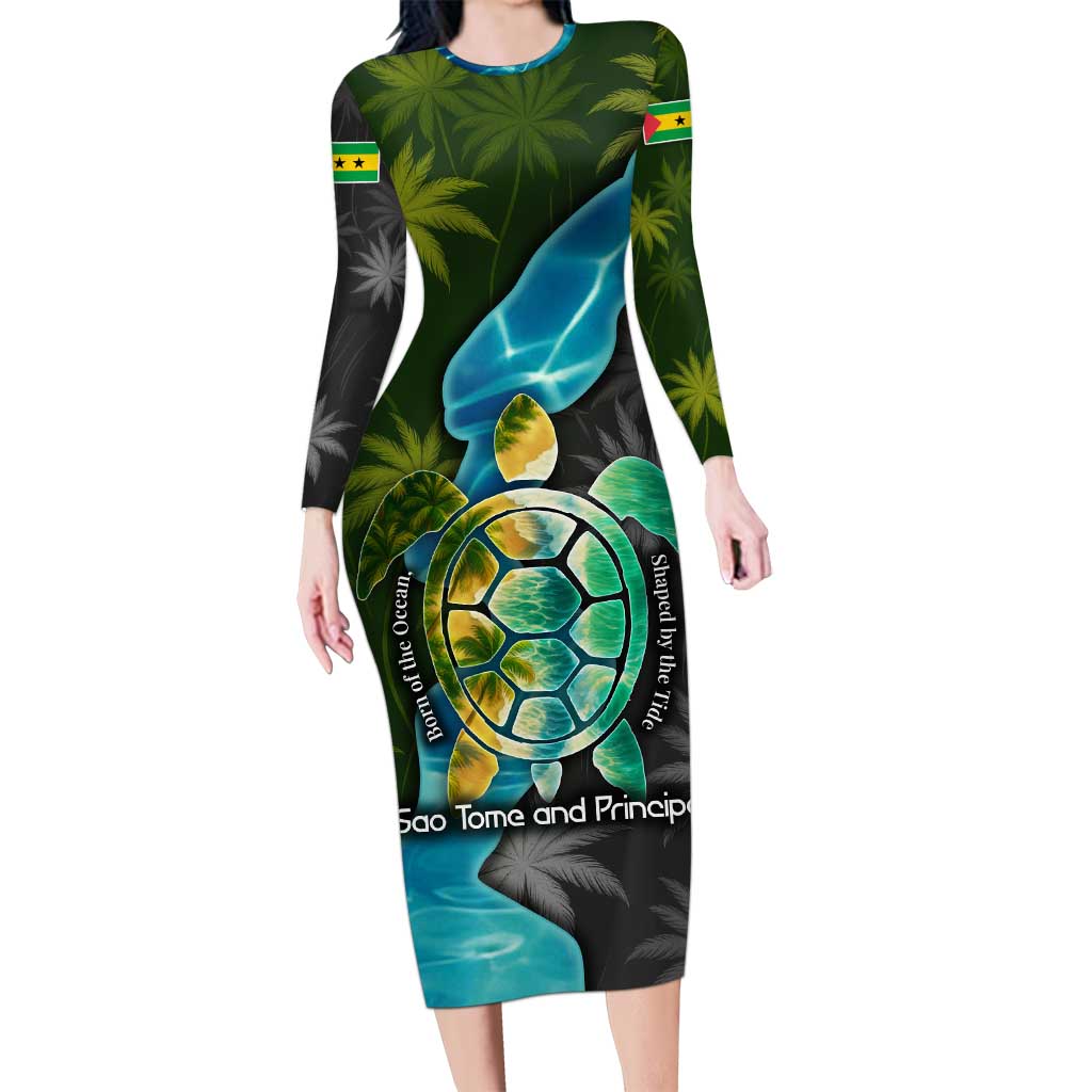 Sea Turtle Sao Tome and Principe Long Sleeve Bodycon Dress with Ocean Tide and Tropical Palm Design