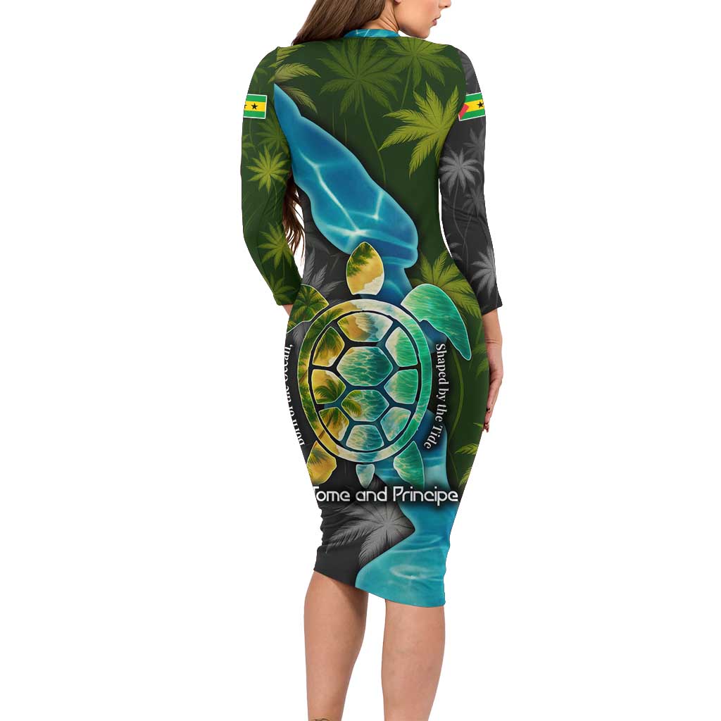 Sea Turtle Sao Tome and Principe Long Sleeve Bodycon Dress with Ocean Tide and Tropical Palm Design