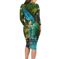 Sea Turtle Sao Tome and Principe Long Sleeve Bodycon Dress with Ocean Tide and Tropical Palm Design