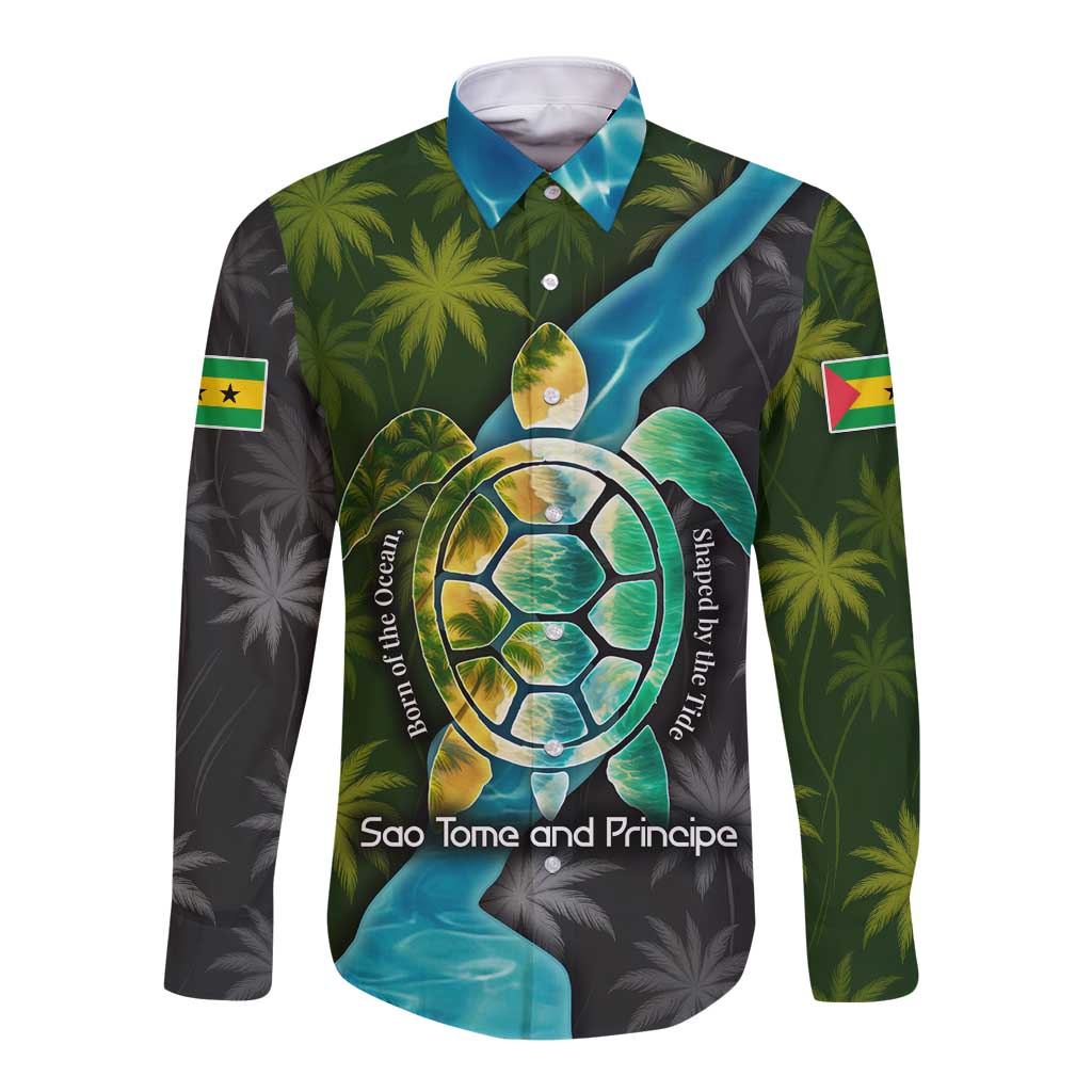 Sea Turtle Sao Tome and Principe Long Sleeve Button Shirt with Ocean Tide and Tropical Palm Design