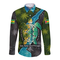 Sea Turtle Sao Tome and Principe Long Sleeve Button Shirt with Ocean Tide and Tropical Palm Design