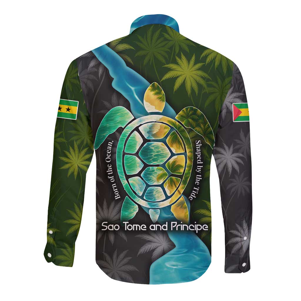 Sea Turtle Sao Tome and Principe Long Sleeve Button Shirt with Ocean Tide and Tropical Palm Design