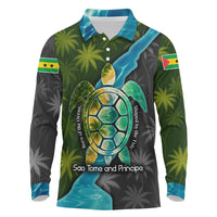 Sea Turtle Sao Tome and Principe Long Sleeve Polo Shirt with Ocean Tide and Tropical Palm Design