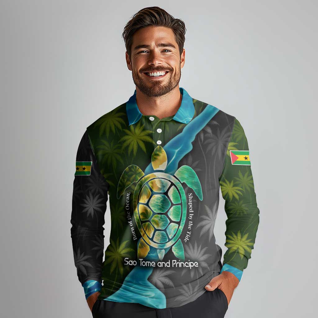 Sea Turtle Sao Tome and Principe Long Sleeve Polo Shirt with Ocean Tide and Tropical Palm Design