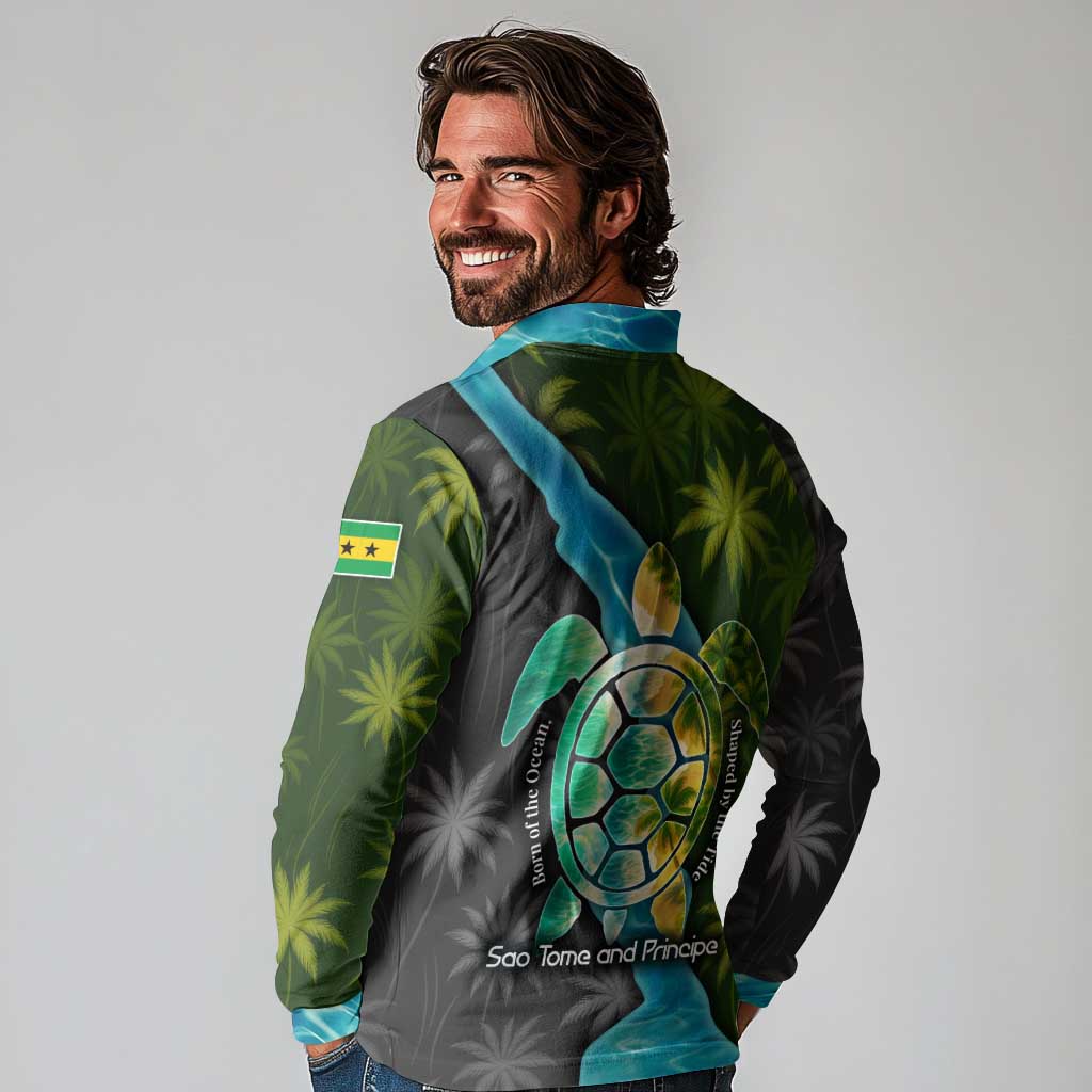 Sea Turtle Sao Tome and Principe Long Sleeve Polo Shirt with Ocean Tide and Tropical Palm Design