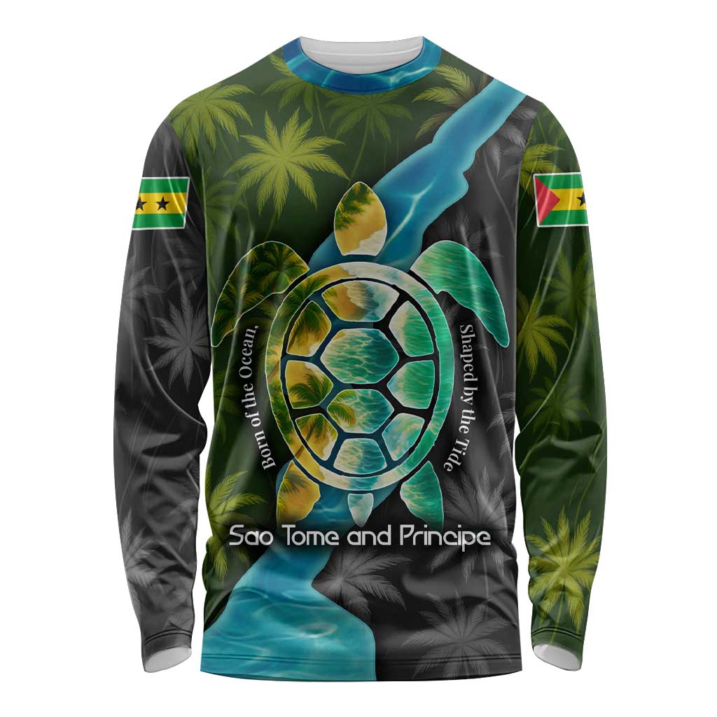 Sea Turtle Sao Tome and Principe Long Sleeve Shirt with Ocean Tide and Tropical Palm Design