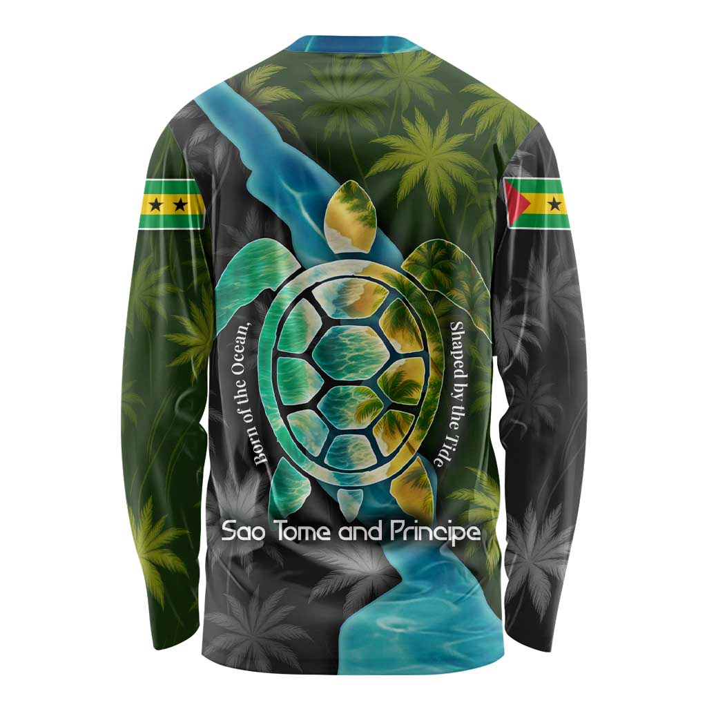 Sea Turtle Sao Tome and Principe Long Sleeve Shirt with Ocean Tide and Tropical Palm Design