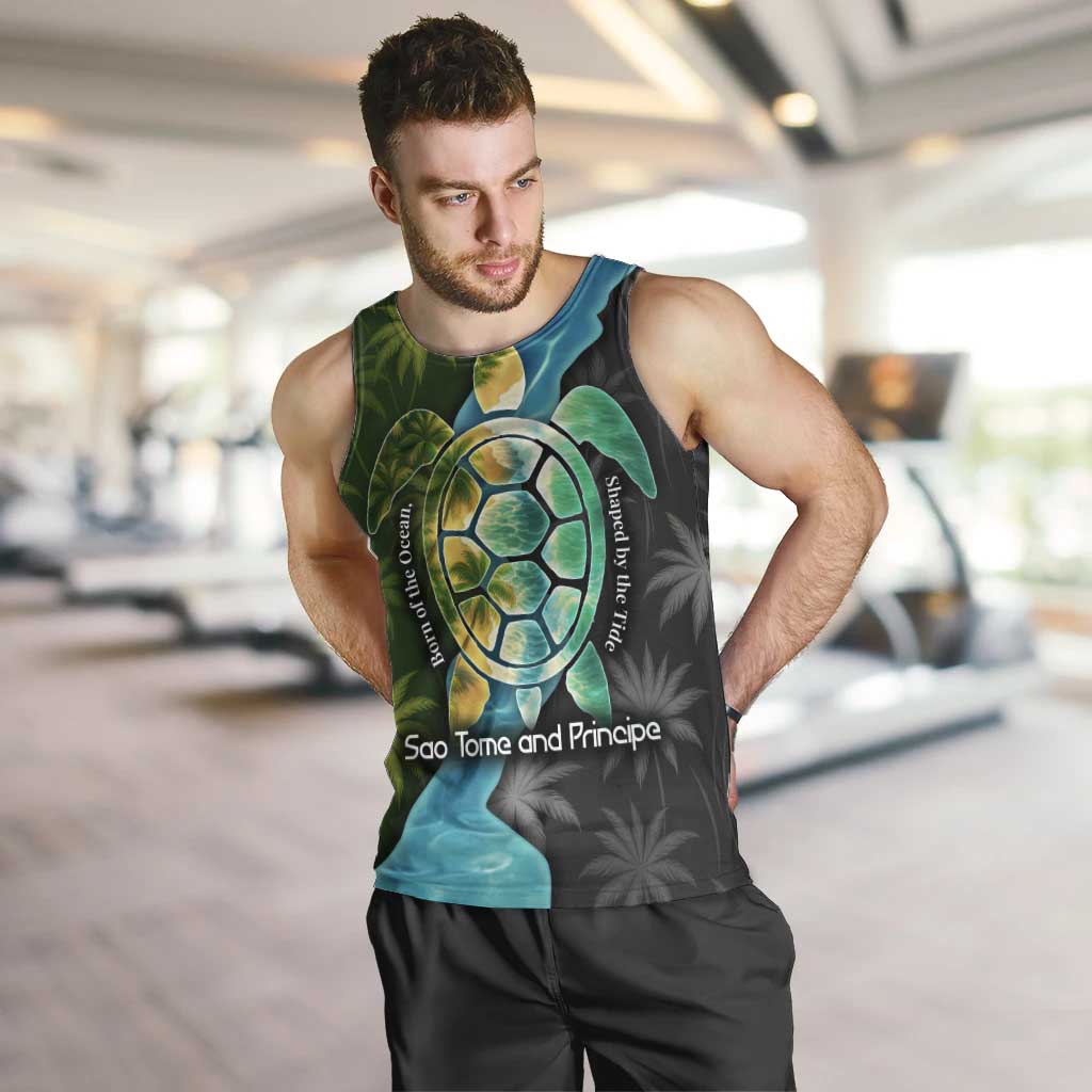 Sea Turtle Sao Tome and Principe Men Tank Top with Ocean Tide and Tropical Palm Design