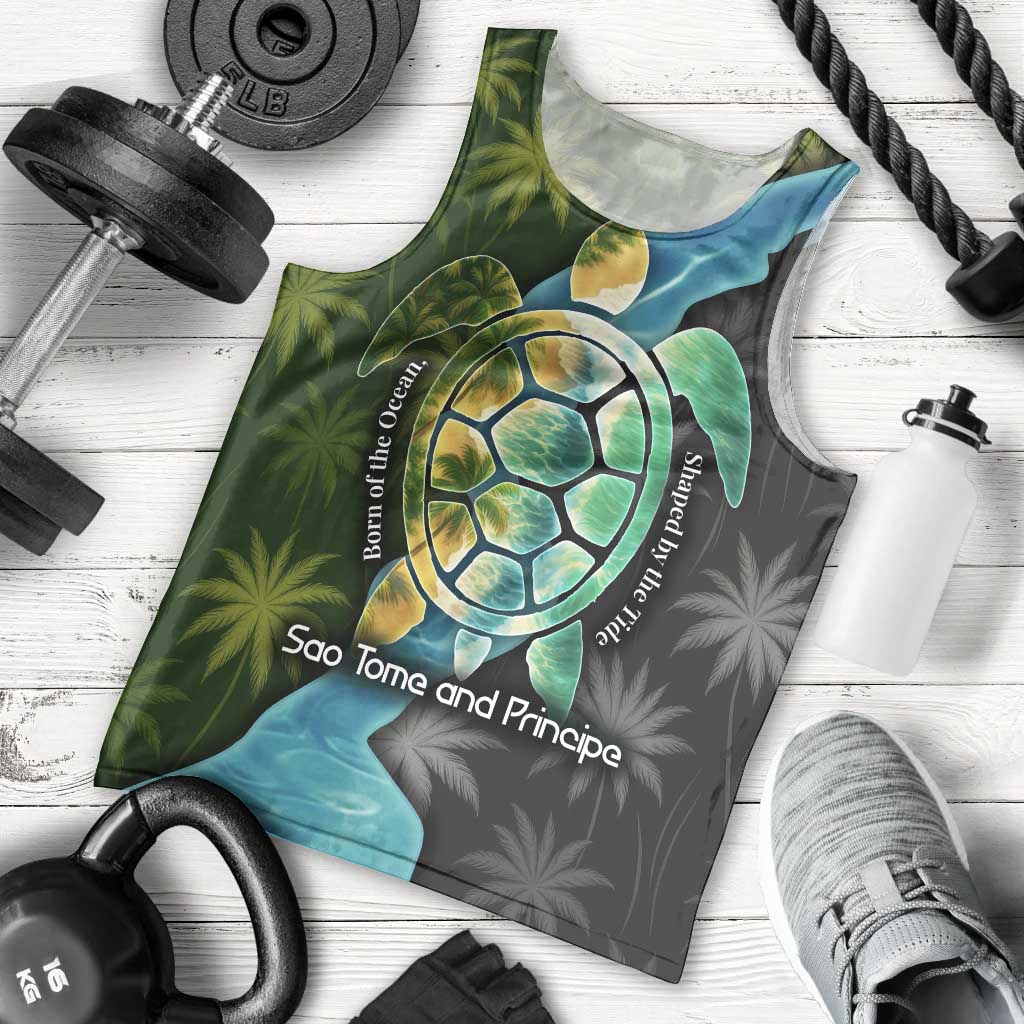 Sea Turtle Sao Tome and Principe Men Tank Top with Ocean Tide and Tropical Palm Design