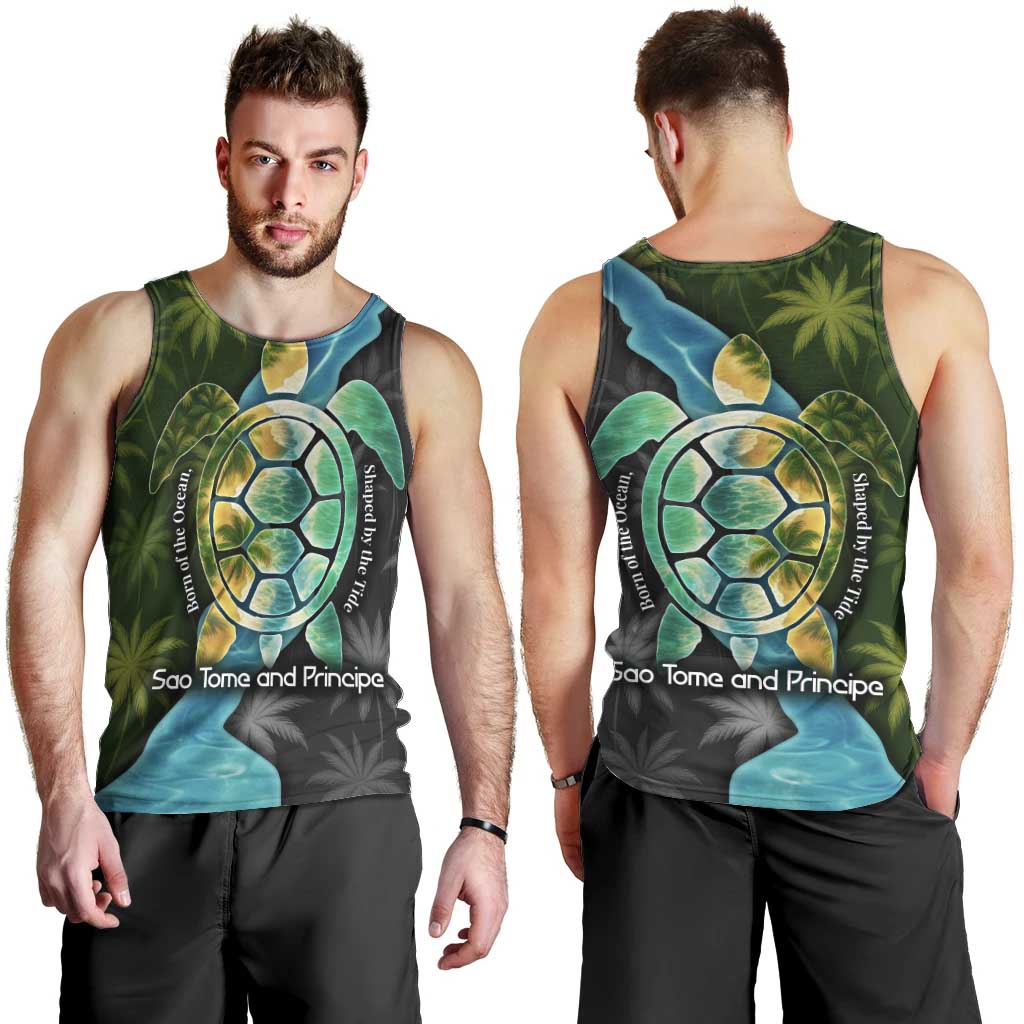 Sea Turtle Sao Tome and Principe Men Tank Top with Ocean Tide and Tropical Palm Design