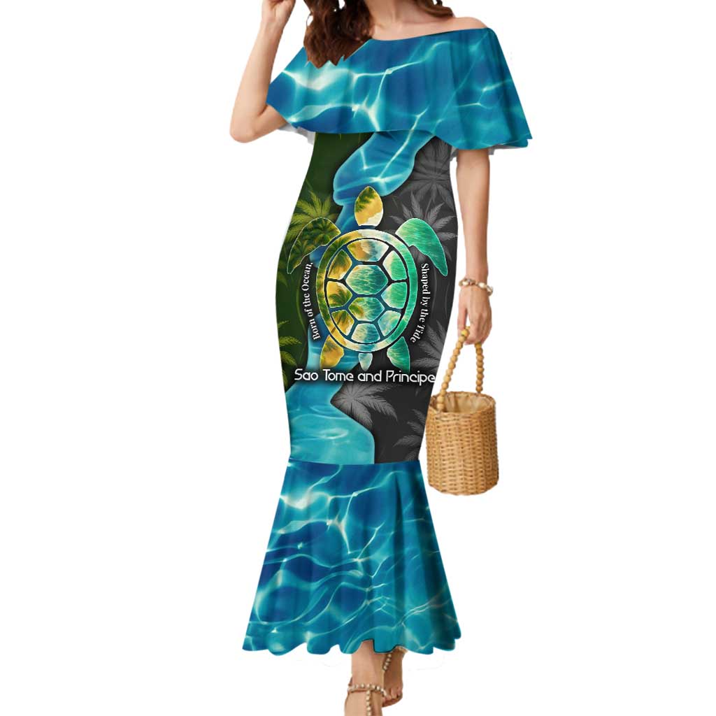 Sea Turtle Sao Tome and Principe Mermaid Dress with Ocean Tide and Tropical Palm Design
