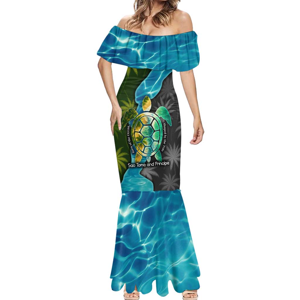 Sea Turtle Sao Tome and Principe Mermaid Dress with Ocean Tide and Tropical Palm Design