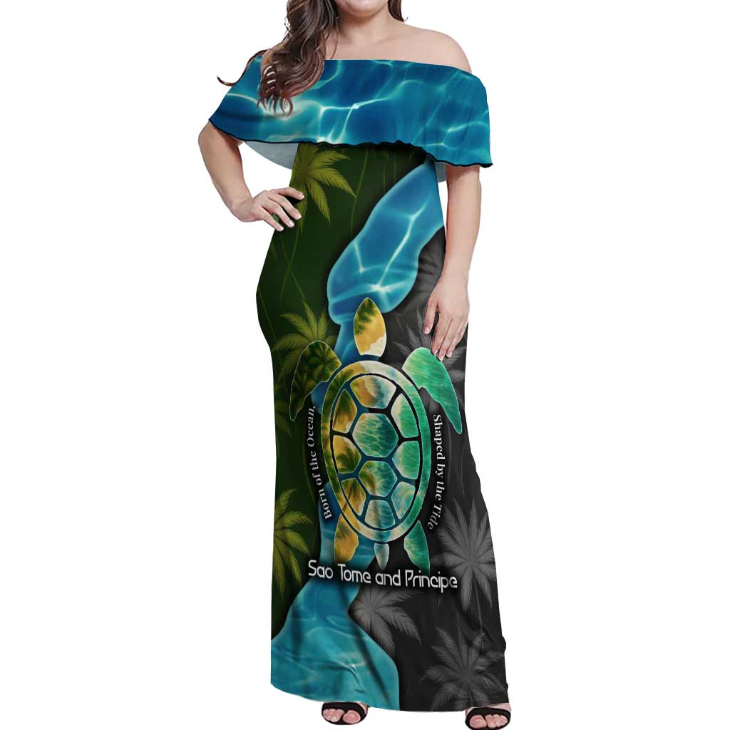 Sea Turtle Sao Tome and Principe Off Shoulder Maxi Dress with Ocean Tide and Tropical Palm Design
