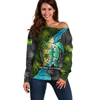 Sea Turtle Sao Tome and Principe Off Shoulder Sweater with Ocean Tide and Tropical Palm Design