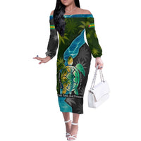Sea Turtle Sao Tome and Principe Off The Shoulder Long Sleeve Dress with Ocean Tide and Tropical Palm Design