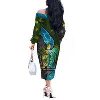 Sea Turtle Sao Tome and Principe Off The Shoulder Long Sleeve Dress with Ocean Tide and Tropical Palm Design