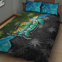 Sea Turtle Sao Tome and Principe Quilt Bed Set with Ocean Tide and Tropical Palm Design