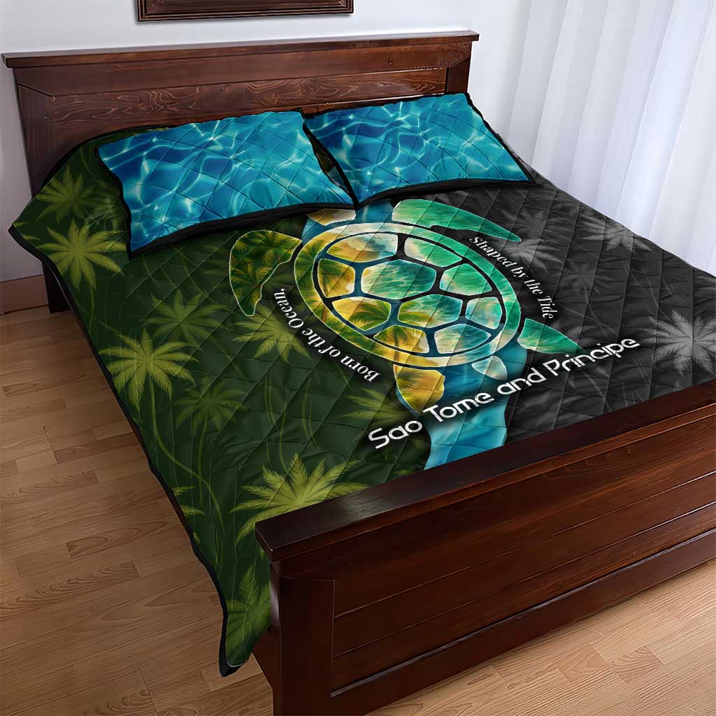 Sea Turtle Sao Tome and Principe Quilt Bed Set with Ocean Tide and Tropical Palm Design