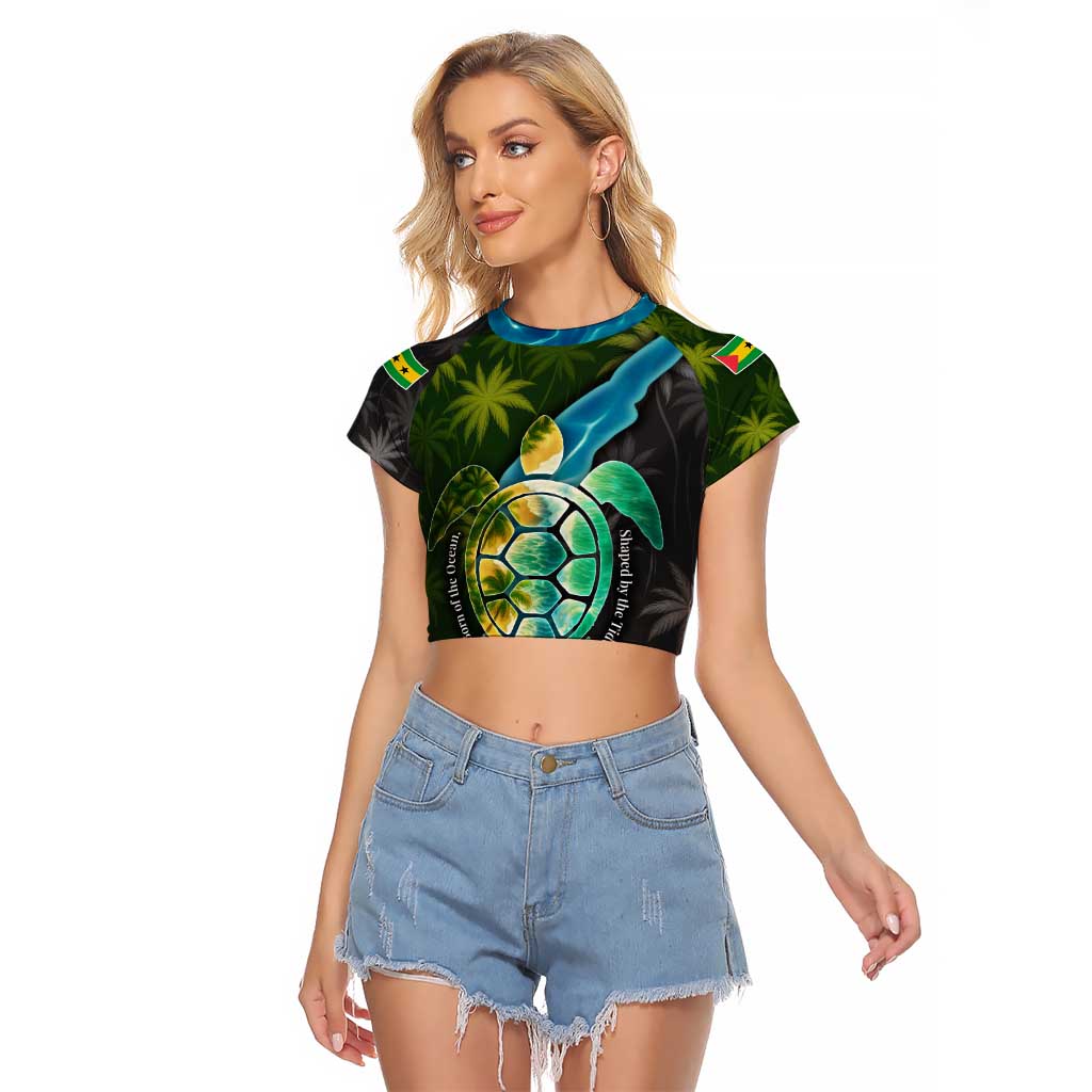 Sea Turtle Sao Tome and Principe Raglan Cropped T Shirt with Ocean Tide and Tropical Palm Design