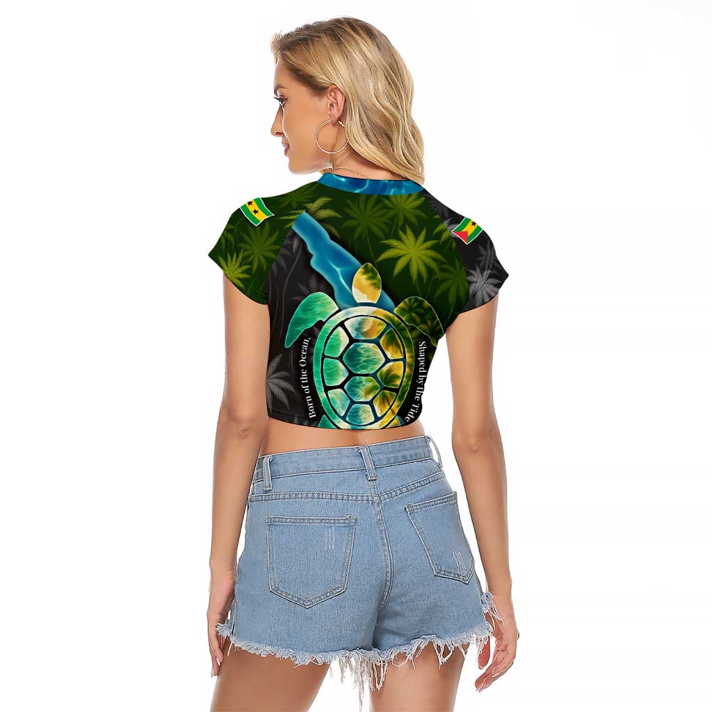 Sea Turtle Sao Tome and Principe Raglan Cropped T Shirt with Ocean Tide and Tropical Palm Design