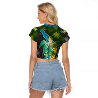 Sea Turtle Sao Tome and Principe Raglan Cropped T Shirt with Ocean Tide and Tropical Palm Design