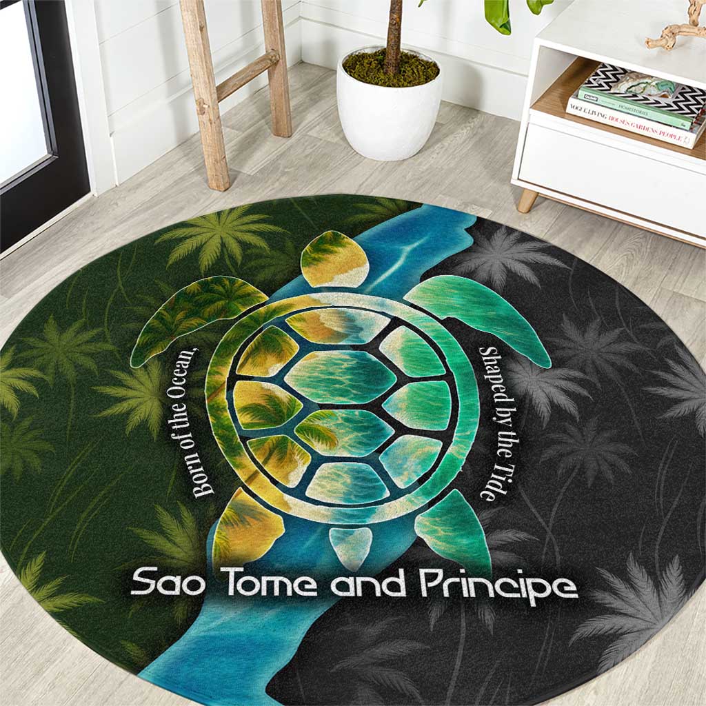 Sea Turtle Sao Tome and Principe Round Carpet with Ocean Tide and Tropical Palm Design