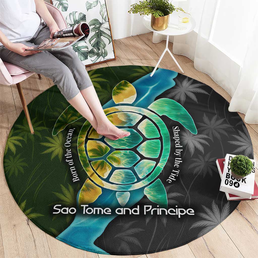 Sea Turtle Sao Tome and Principe Round Carpet with Ocean Tide and Tropical Palm Design