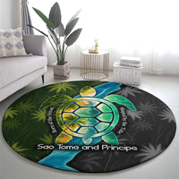 Sea Turtle Sao Tome and Principe Round Carpet with Ocean Tide and Tropical Palm Design