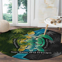 Sea Turtle Sao Tome and Principe Round Carpet with Ocean Tide and Tropical Palm Design
