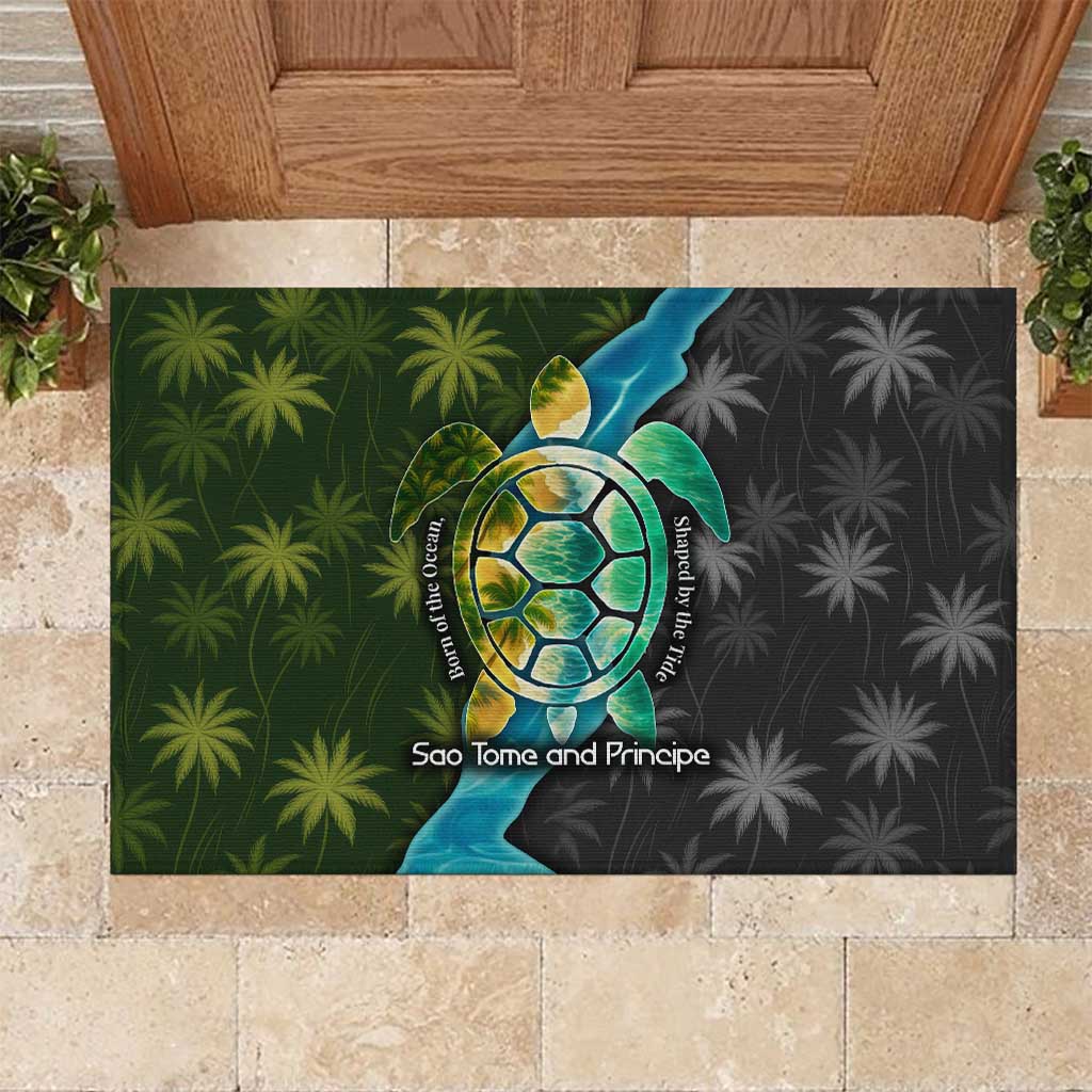 Sea Turtle Sao Tome and Principe Rubber Doormat with Ocean Tide and Tropical Palm Design