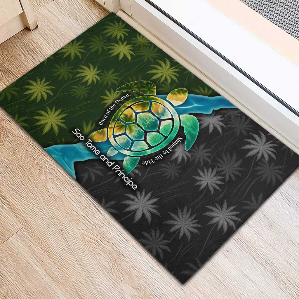 Sea Turtle Sao Tome and Principe Rubber Doormat with Ocean Tide and Tropical Palm Design
