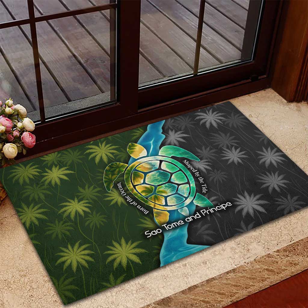 Sea Turtle Sao Tome and Principe Rubber Doormat with Ocean Tide and Tropical Palm Design