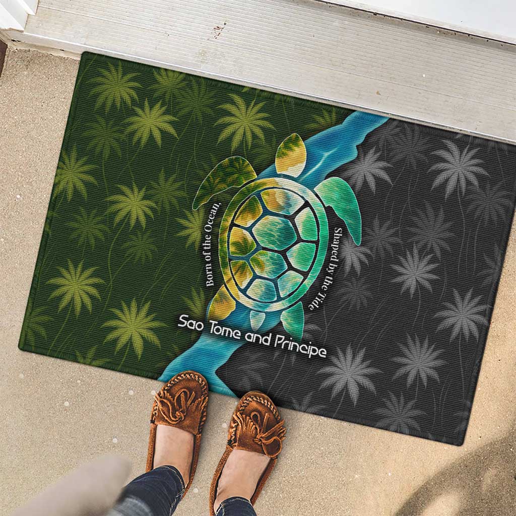 Sea Turtle Sao Tome and Principe Rubber Doormat with Ocean Tide and Tropical Palm Design