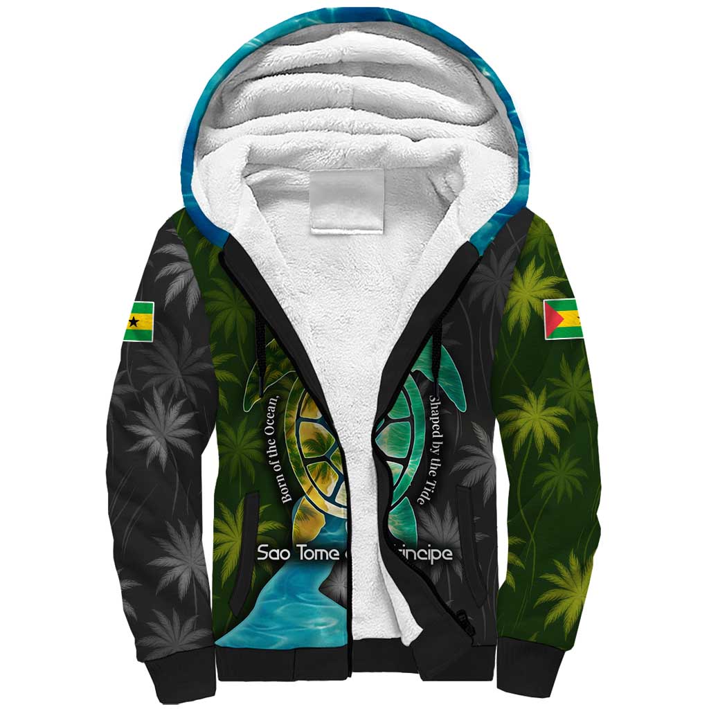 Sea Turtle Sao Tome and Principe Sherpa Hoodie with Ocean Tide and Tropical Palm Design