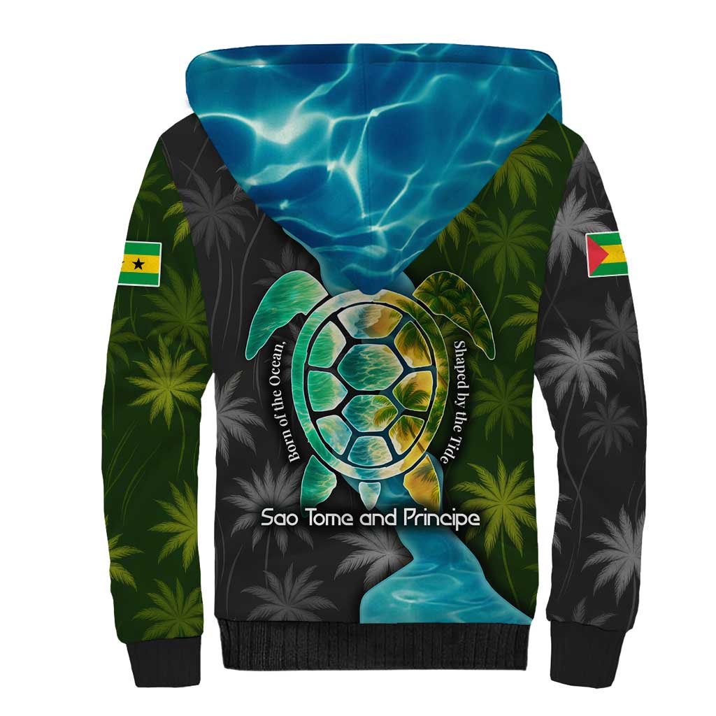 Sea Turtle Sao Tome and Principe Sherpa Hoodie with Ocean Tide and Tropical Palm Design