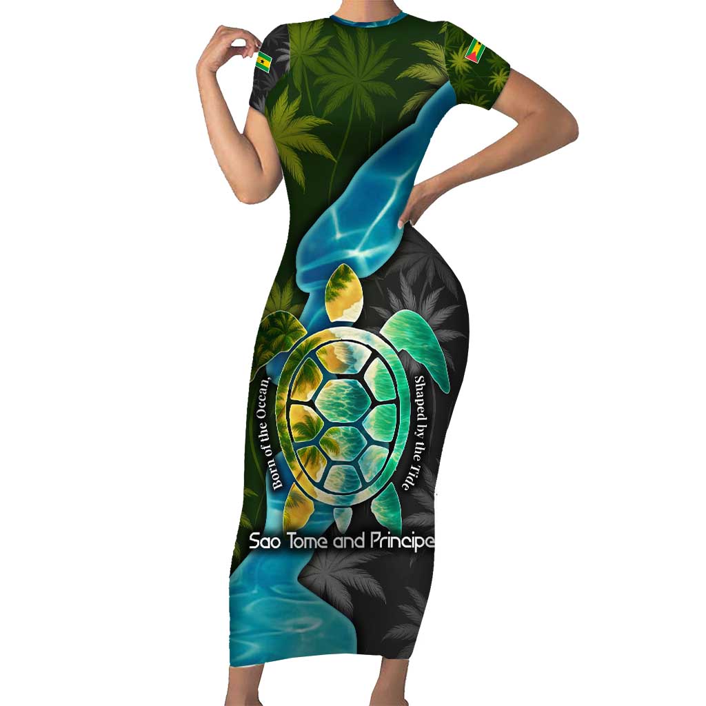 Sea Turtle Sao Tome and Principe Short Sleeve Bodycon Dress with Ocean Tide and Tropical Palm Design